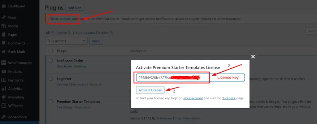 Activate Premium Starter template license key